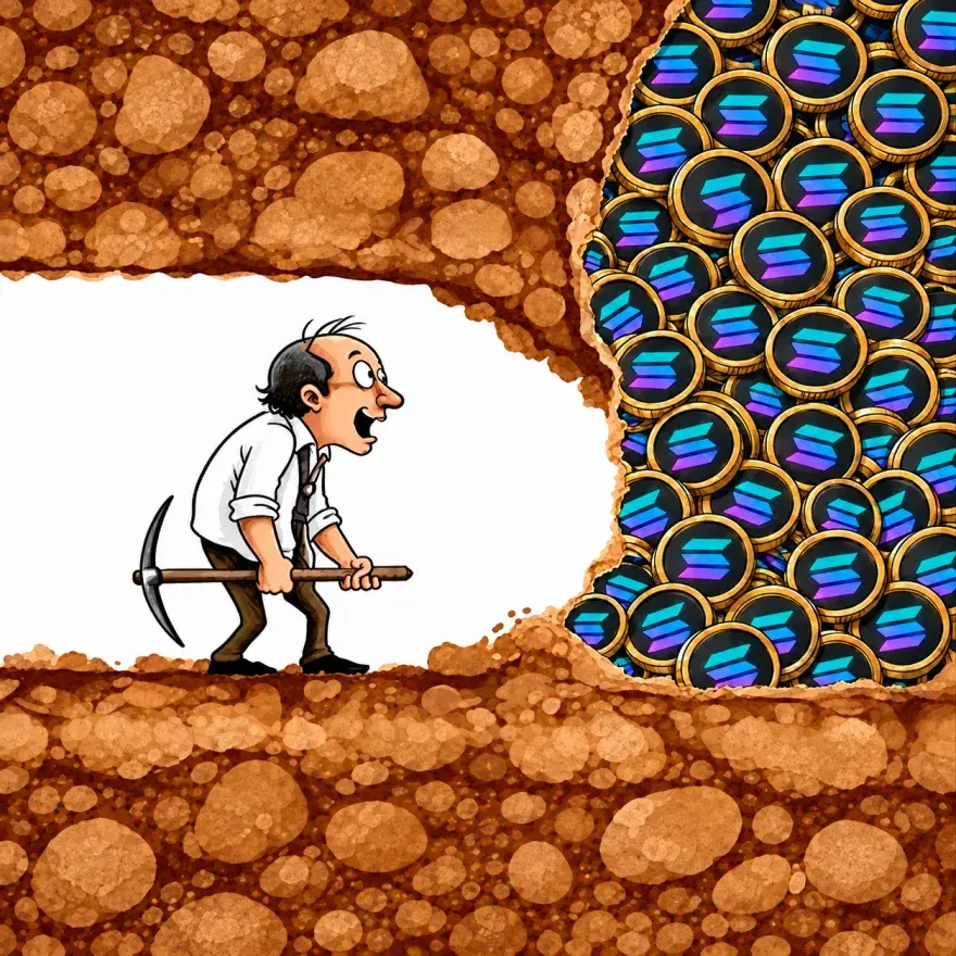 Cartoon miner with pickaxe standing before a cave full of Solana coins