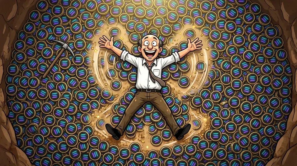 Cartoon man falling into a cave packed with Solana coins