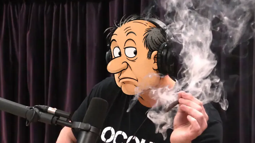 Cartoon man in a plaid shirt looking back at two women on a city street