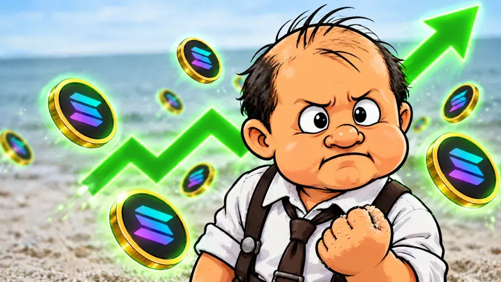 Cartoon street deal with a trench coat full of Solana coins at night