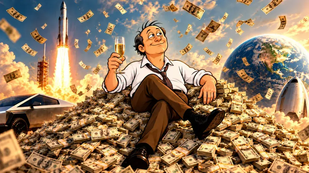 Cartoon man on a rocket pile of cash blasting past Earth