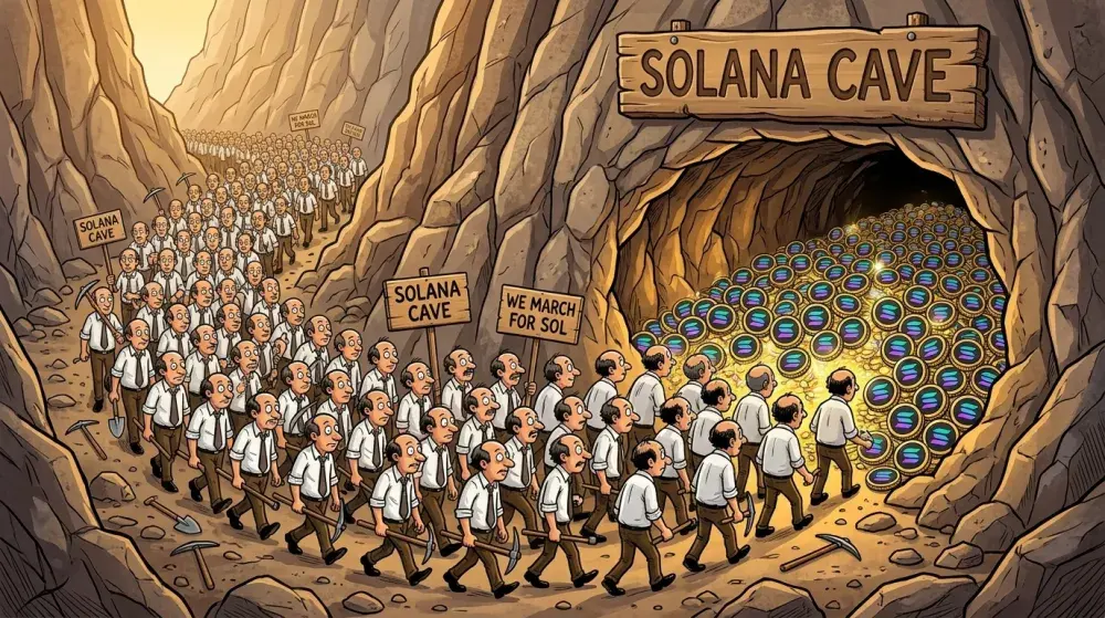 Crowd of cartoon miners walking into Solana Cave with bags and signs
