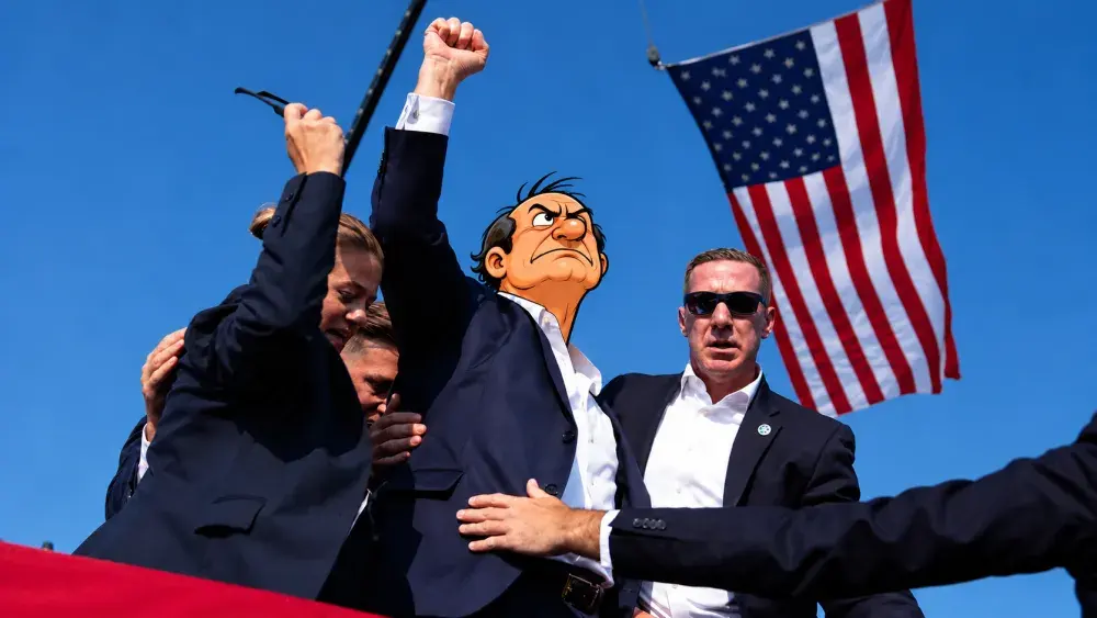 Cartoon crowd cheering with raised arms and a flag on a blue sky